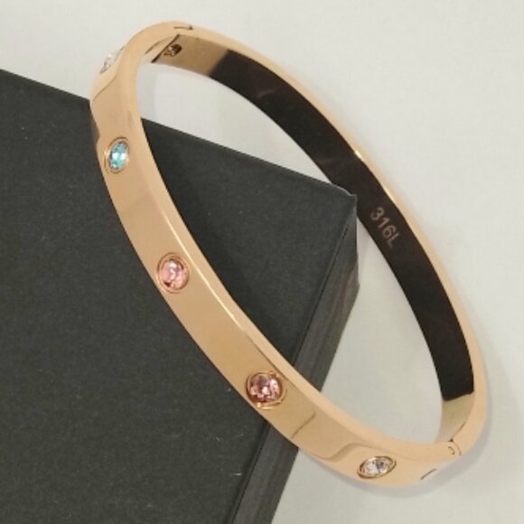18k Gold Plated Bangle Bracelet with Colorful Cubic Zirconia 316l Steel Trendy - Picture 1 of 6